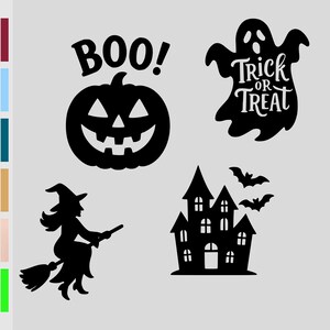 Könnte beinhalten: Schwarze Halloween-Grafiken, darunter ein Kürbis mit "BOO!", ein Geist mit "Trick or Treat", eine Hexe auf einem Besen und ein Spukhaus mit Fledermäusen. Eine Farbpalette befindet sich links.