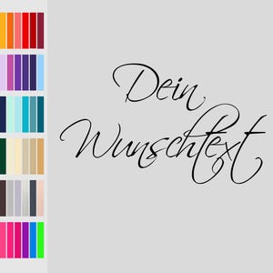 Könnte beinhalten: Hellgrauer Hintergrund mit den Worten "Dein Wunschtext" in eleganter schwarzer Schrift. Auf der linken Seite des Bildes wird eine Farbpalette verschiedener Farbtöne angezeigt, darunter Schwarz, Gelb, Orange, Rosa, Lila, Blau, Grün und Braun.