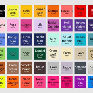 Hier sehen Sie eine Farbpalette mit 60 Farben, es gibt 9 Neon Farben und 4 Metallic Farben, alle Farben sind aus Matter Flexfolie.
Alle Farben sind mit Namen der Farbe beschriftet.