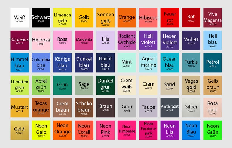 Hier sehen Sie eine Farbpalette mit 60 Farben, es gibt 9 Neon Farben und 4 Metallic Farben, alle Farben sind aus Matter Flexfolie.
Alle Farben sind mit Namen der Farbe beschriftet.