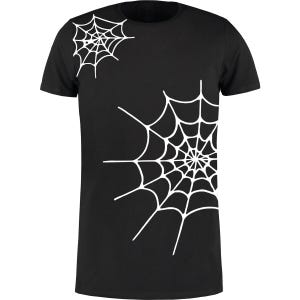 Könnte beinhalten: Schwarzes T-Shirt mit weißen Spinnennetz-Designs. Das Shirt hat zwei Spinnennetz-Grafiken, eine kleine oben links und eine größere unten rechts. Das Design ist eine einfache, aber gruselige Grafik.