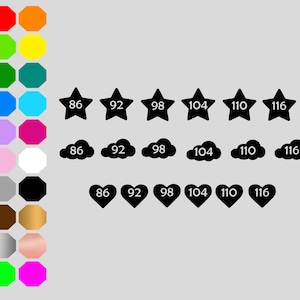Könnte beinhalten: Ein Diagramm mit drei Reihen schwarzer Symbole, wobei jede Reihe eine andere Größe darstellt. Die erste Reihe zeigt Sterne mit den Zahlen 86, 92, 98, 104, 110 und 116. Die zweite Reihe zeigt Wolken mit den gleichen Zahlen. Die dritte Reihe zeigt Herzen mit den gleichen Zahlen.
