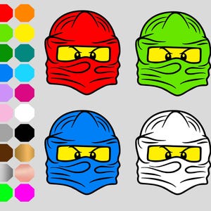 Könnte beinhalten: Vier Comic-Ninja-Charaktere mit verschiedenen farbigen Masken. Die Charaktere sind rot, grün, blau und weiß. Jeder Charakter hat ein gelbes Gesicht mit schwarzen Augen und einem schwarzen Mund.