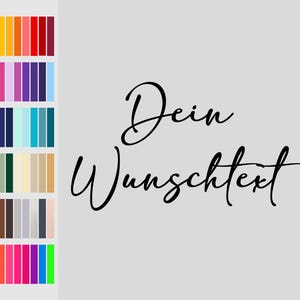 Könnte beinhalten: Hellgrauer Hintergrund mit den Worten "Dein Wunschtext" in schwarzer Schrift. Auf der linken Seite befindet sich eine Farbpalette mit verschiedenen Farbtönen, darunter Schwarz, Gelb, Orange, Rot, Rosa, Lila, Blau, Grün, Beige, Braun, Grau und leuchtende Farben.