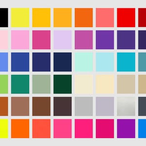 Hier sehen Sie eine Farbpalette mit 60 Farben, es gibt 9 Neon Farben und 4 Metallic Farben, alle Farben sind aus Matter Flexfolie.