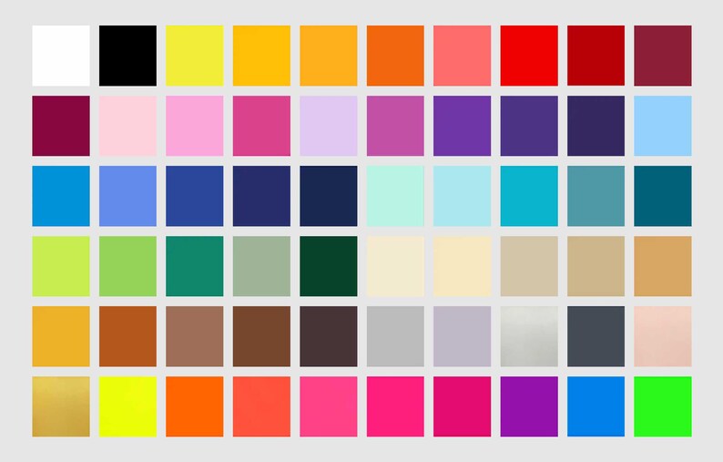 Hier sehen Sie eine Farbpalette mit 60 Farben, es gibt 9 Neon Farben und 4 Metallic Farben, alle Farben sind aus Matter Flexfolie.