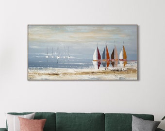 TABLEAU PEINTURE MARINE, peinture épaisse sur toile, 100% fait à la main, création originale, décoration murale, art déco colorée régate mer