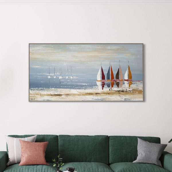 TABLEAU PEINTURE MARINE, peinture épaisse sur toile, 100% fait à la main, création originale, décoration murale, art déco colorée régate mer