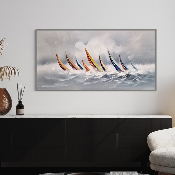 GRAND REGATE bateaux à voiles en mouvement, gris blanc jaune bleu rouge, bateaux et vagues, peinture acrylique sur toile décoration murale