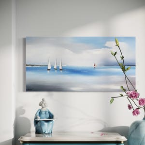 original painting on canvas, ready to hang, blue sea landscape with boats cloudy sky, soft color, light blue, unique piece