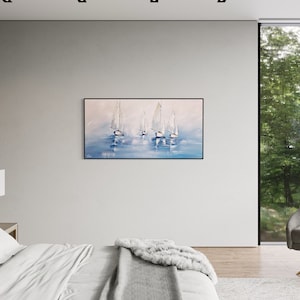 キャンバスに描かれたオリジナル絵画、海洋画、壁の装飾、帆船レガッタ、明るい青の背景、アクリルアート絵画