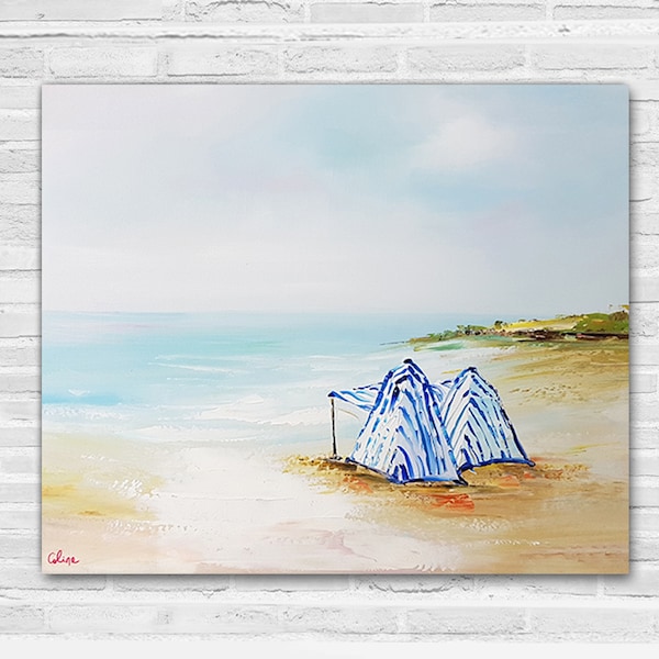 TABLEAU PEINTURE, peinture sur toile, cabine toile de tente de plage, paysage marin, tableau peinture originale, art décoration murale