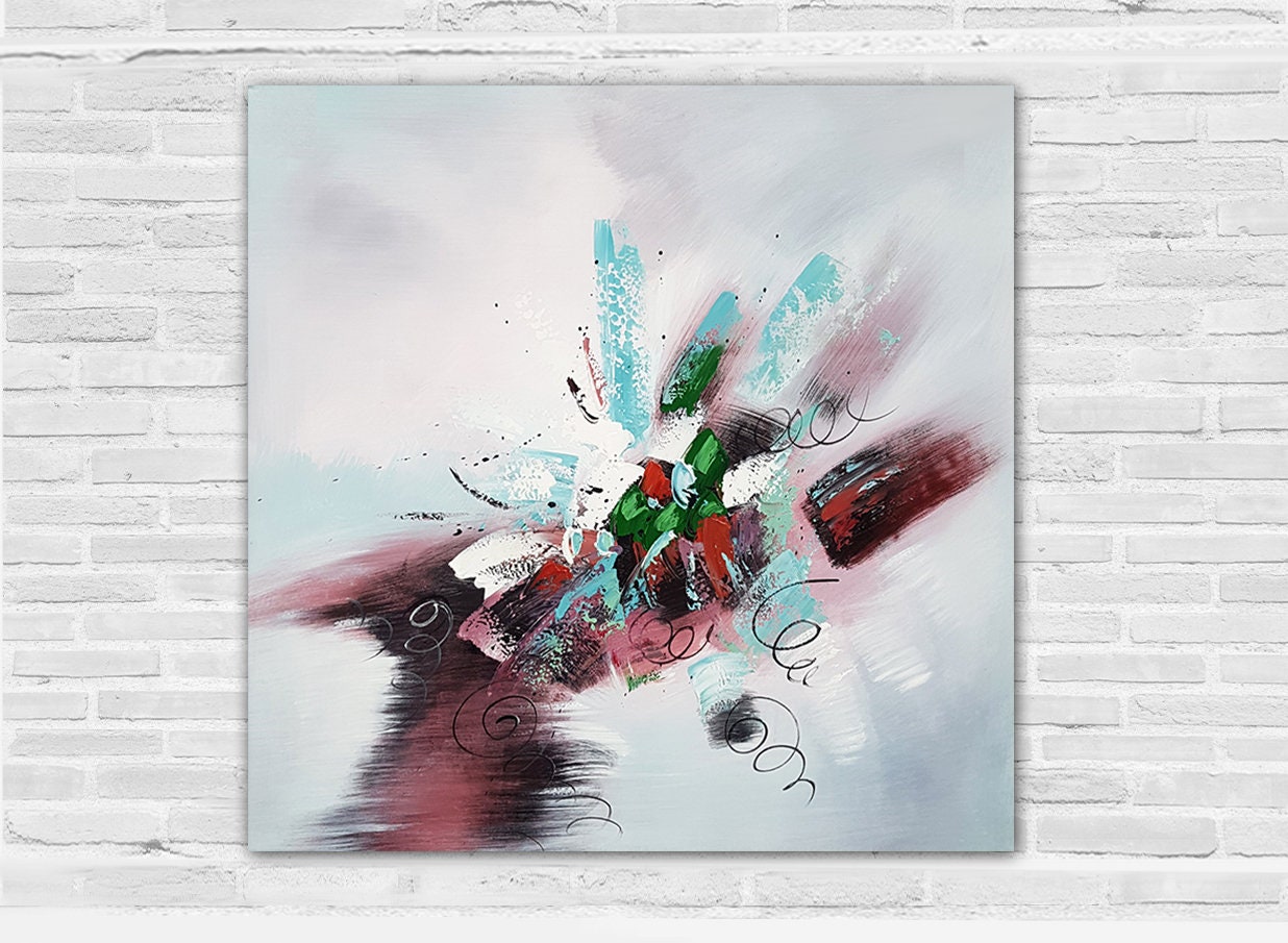 Tableau Abstrait, Peinture Originale, Tableau Art Contemporain, Abstraite, Gris Clair avec Couleurs,