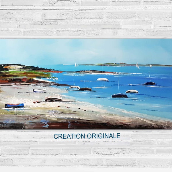 PEINTURE ART paysage breton, tableau peinture mer et ciel bleu, bateaux et iles Bretagne, décoration maison, wall art tableau fait à la main