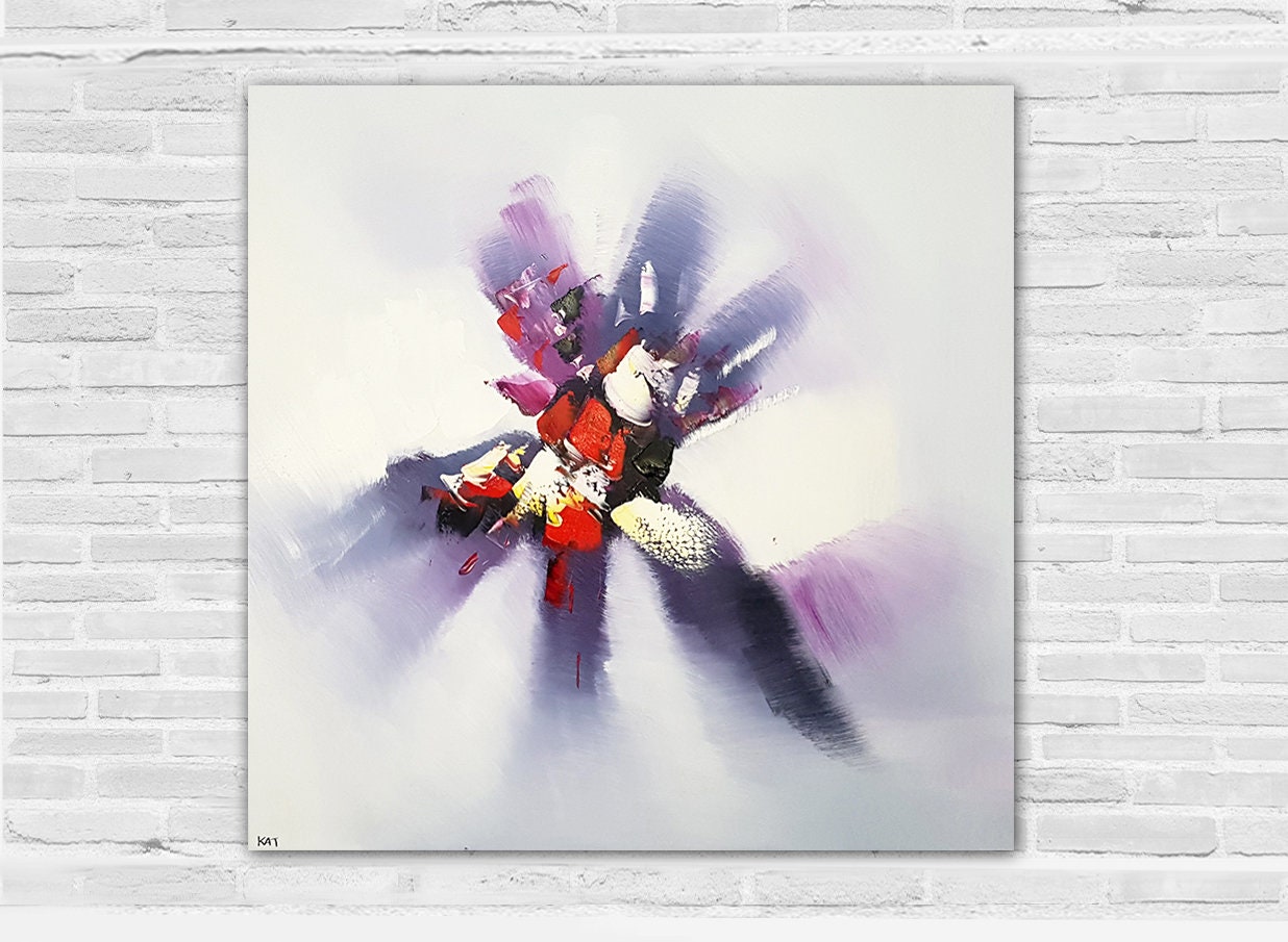 Tableau Art Contemporain, Peinture Abstraite Couleur Douce Blanc Rouge Violet, Décoration Moderne Ta