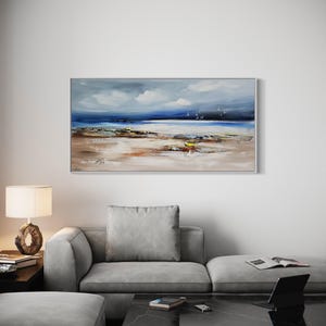 original painting, seascape painting, low tide, yellow boats, blue sky with seagulls, canvas painting stretched on frame