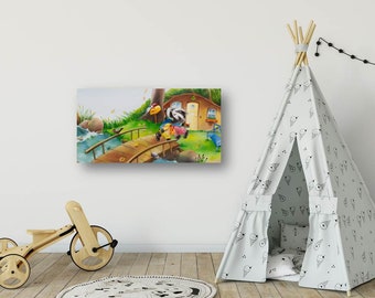 Picture, children's picture, children's room, art, canvas 60 x 30 cm, animals, forest