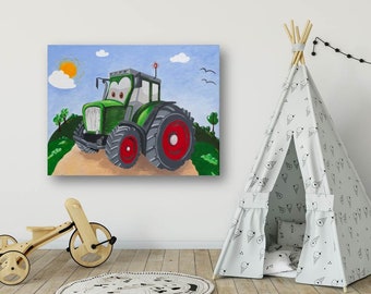 Picture, children's picture, children's room, art, canvas 80 x 60 cm, tractor, car