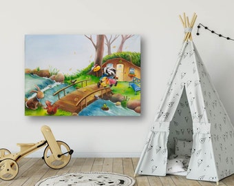 ORIGINAL oil picture, children's picture, children's room, art, canvas 100 x 70 cm, animals, forest