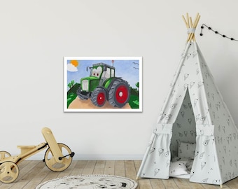 Picture, children's picture, children's room, art, mural, poster 45 x 30 cm, tractor, car