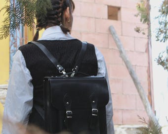 Black Leather Backpack, Handmade Backpack, Everyday Backpack, Gothic Style Bag