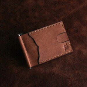 Cartera de cuero con clip para billetes, hecha a mano, fina, con compartimento para efectivo y tarjetas, de cuero genuino, compacta y elegante.
