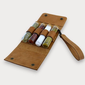 Spice Organizer, Leather Spice Organizer, Camping Spice Kit – 4 Bottle