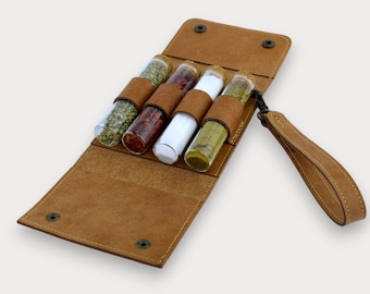 Organizador de especias, organizador de especias de cuero, kit de especias para acampar – 4 botellas