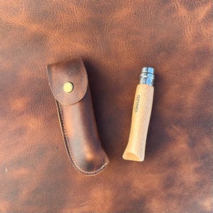 Leather Knife Sheath for Opinel No.8 – Handmade Belt Sheath – Hand Painted – Bushcraft EDC Knife Holster