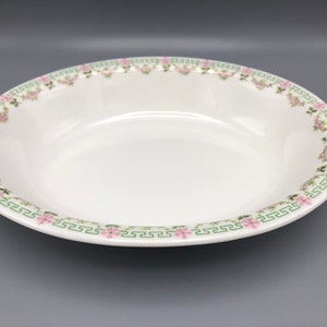 Antique WM Guerin & Co France Limoges Oval Serving Bowl Green Greek Key Pink Floral Garland