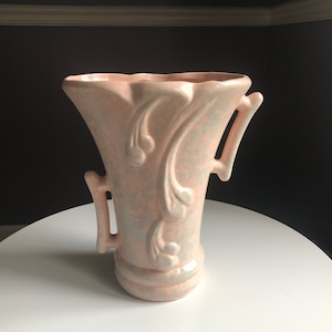 Vintage Gonder Vase - USA H-56 Mid-Century Speckled Powder Blue and Pink 2- offset handle Vase, 1940s