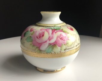 Antique RC Noritake Nippon Bulbous Vase Rose Pattern Gilded Moriage Handpainted Green Stamp ca. 1910