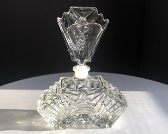 Vintage Clear Glass Art Deco Perfume Bottle Chevron Star Geometric