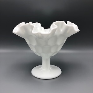 Vintage Fenton Thumbprint Ruffled White Milk Glass Pedestal Candy Dish Compote