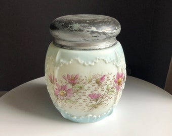 Antique Wavecrest Biscuit Barrel Jar Blue White Pink Daisy Coneflower