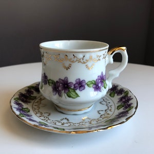 Vintage Bone China Wild Violets Gilded Demitasse Cup and Saucer