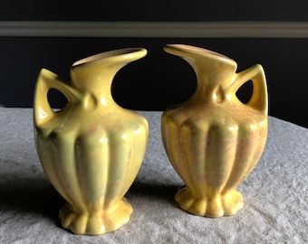 Vintage Gonder Ewer Pitcher Vases Small Pair Yellow Pink Blue E-60 USA