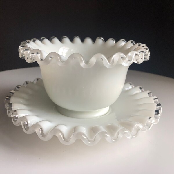 Vintage Fenton Silver Crest White Milk Glass Mayo Condiment Bowl and Saucer Ruffled Edge