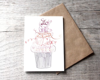 Folding card birthday CUPCAKE, greeting card with envelope DIN A6, birthday greetings, calligraphy, design paper