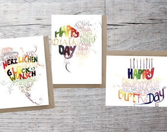 Folding cards set of 3 "HAPPY", birthday cards with envelope, calligraphy, loving greeting cards