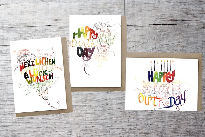 Klappkarten 3er Set HAPPY, Geburtstagskarten mit Umschlag, Kalligrafie, liebevolle Glückwunschkarten Bild 1