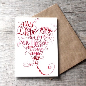 Biglietto pieghevole Congratulazioni AMORE, biglietto di auguri con busta DIN A6, auguri di compleanno o d'amore, calligrafia, carta da disegno
