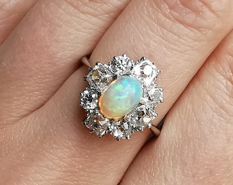 Antique Platinum, Opal and Diamond 1.50ct Cluster Ring