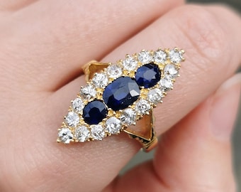 Victorian 18ct Yellow Gold Sapphire and Diamond Navette Cluster Ring, Dated 1898