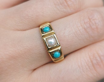 Antique 18ct Gold Turquoise & Pearl Ring