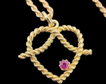 Antique 15ct Yellow Gold Ruby Heart Pendant with 15ct Gold Rope Chain