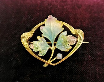 Art Nouveau 9ct Gold Enamel & Pearl Leaf Brooch