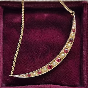 Antique 9ct Gold Ruby and Pearl Crescent Pendant Necklace