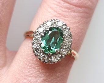 Vintage 18ct Gold Mint Tourmaline and Diamond Cluster Ring