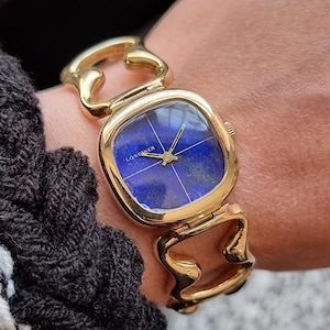 Longines retro jaren 1970 9 kt gouden mechanisch polshorloge met lapis-wijzerplaat